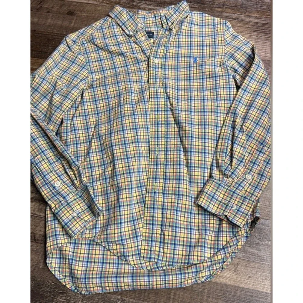 Ralph Lauren Boys Plaid Button Down Shirt Yellow Blue Multi Color Size M 10-12